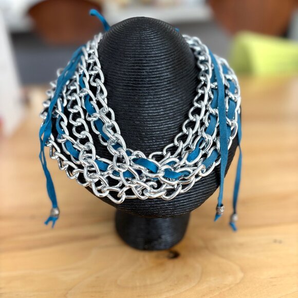 Silver Multi Strand Chain with Blue Suede Lace Statement Necklace - Picture 1 of 6